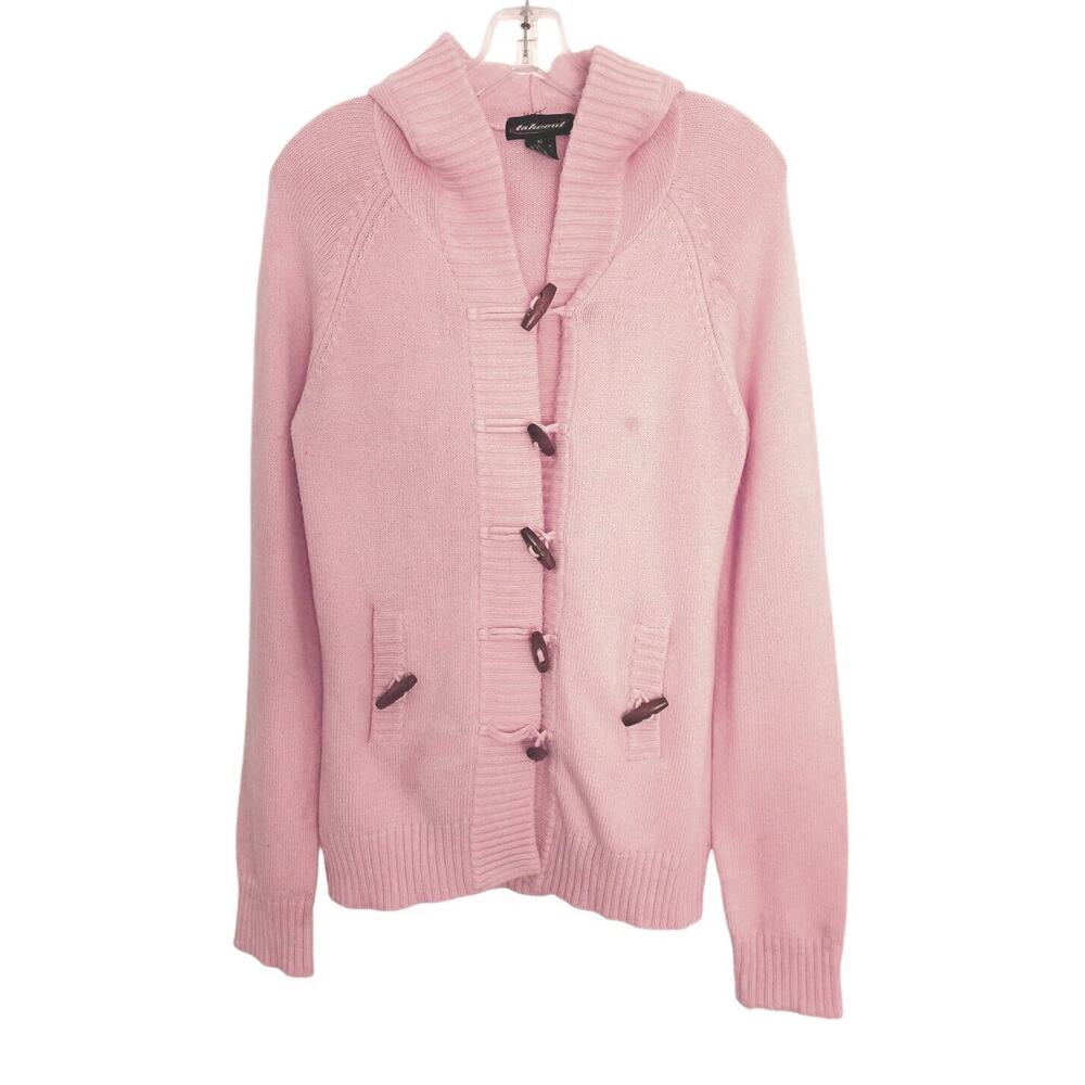 VTG 80s Chunky Cardigan Sz M Pink Knit Wood Toggle Buttons Hooded Barbiecore EUC